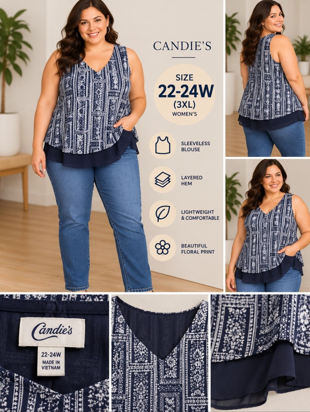 Candies Women's 22-24w blue floral blouse #38